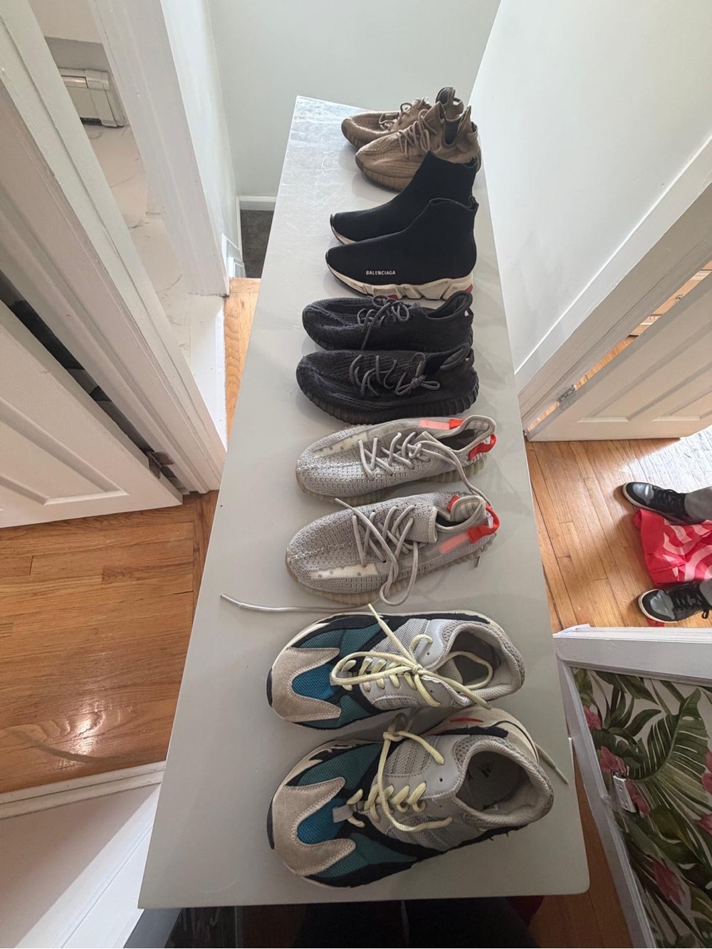 Yeezy Athletic Sneakers in Teal, Cream, Gray, Black and Orange Accents